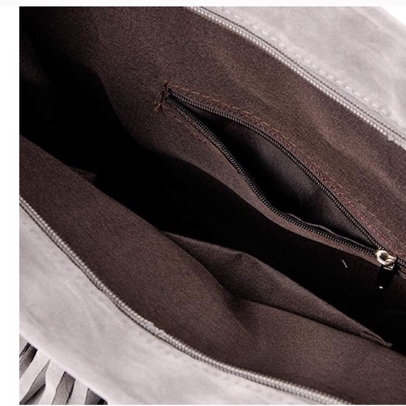 Grey Fringe Faux Suede Messenger Bag - Picture 2 of 4